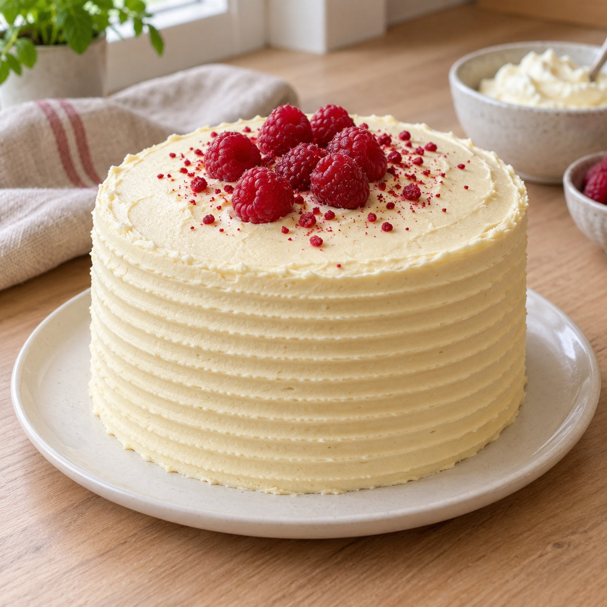 Mit dem Tortenkamm dekorierte Buttercremetorte – Beispiel für gleichmäßige Rillen.