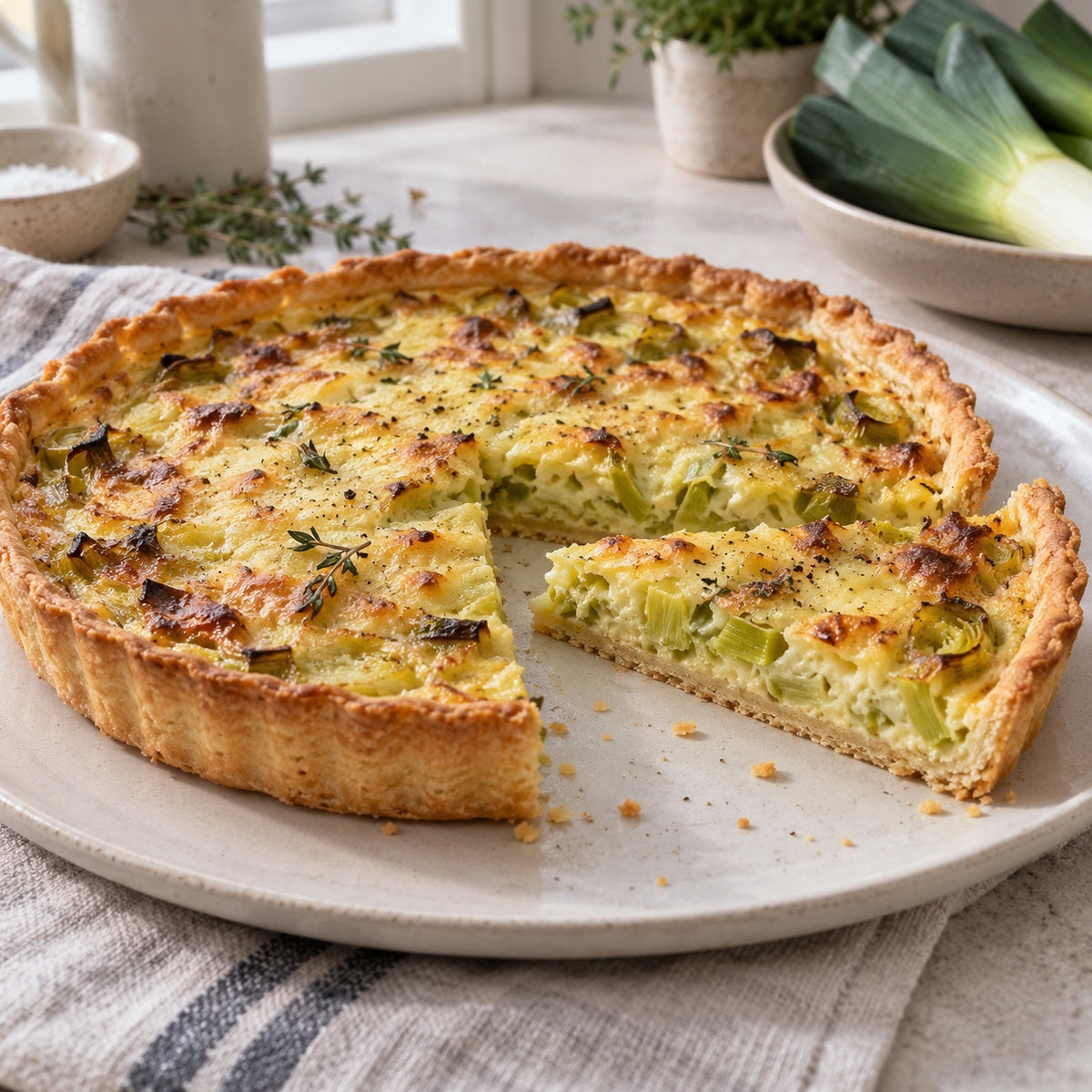 Teigroller – fertige Quiche mit gleichmäßigem Mürbeteigboden.