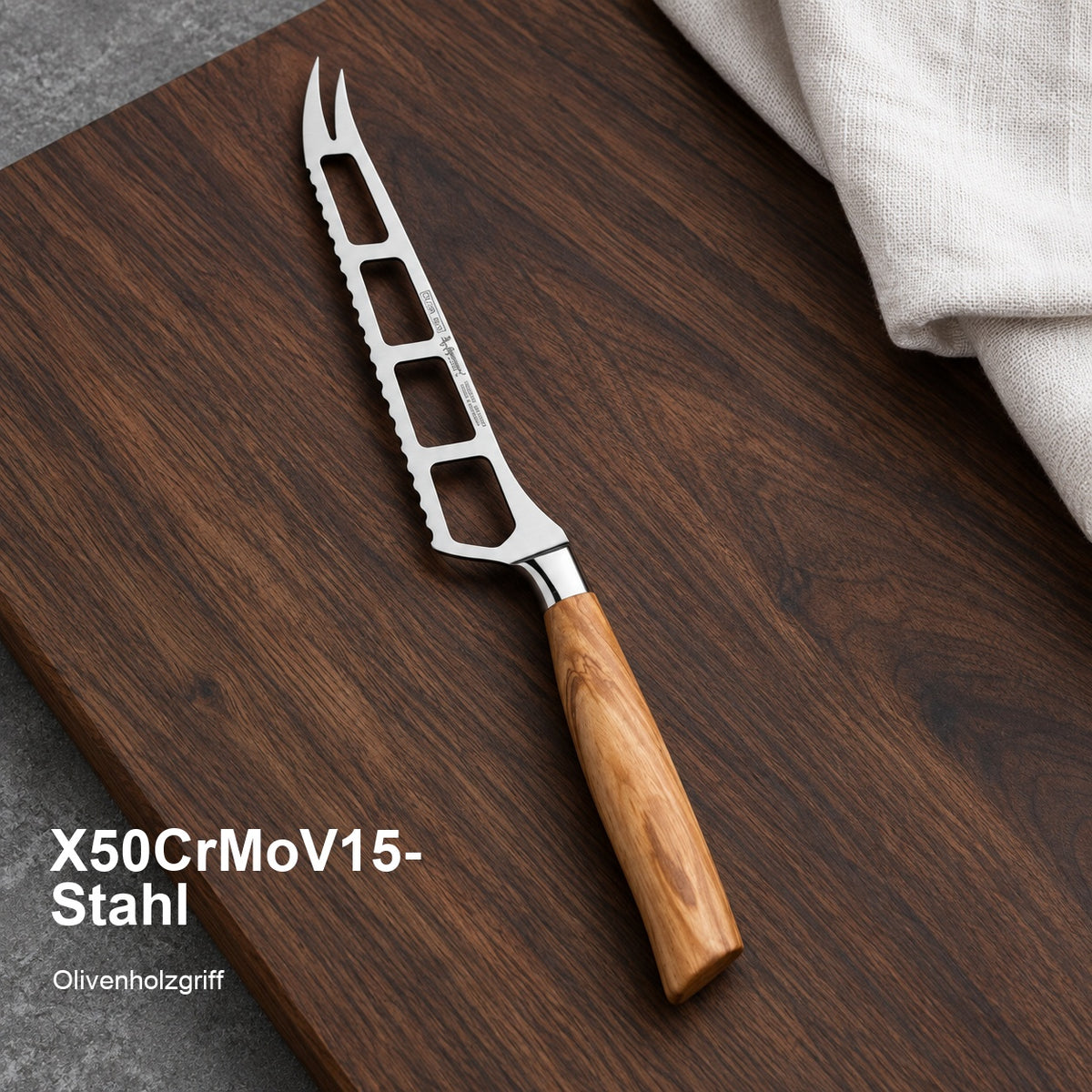 Käsemesser Oliva 14 cm – X50CrMoV15-Stahl; Olivenholzgriff. Vorhandenes Bild aus der Hero-Sektion mit Materialangabe.