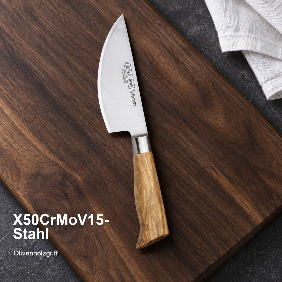 Kräutermesser Oliva 13 cm – X50CrMoV15-Stahl; Olivenholzgriff. Vorhandenes Bild aus der Hero-Sektion mit Materialangabe.