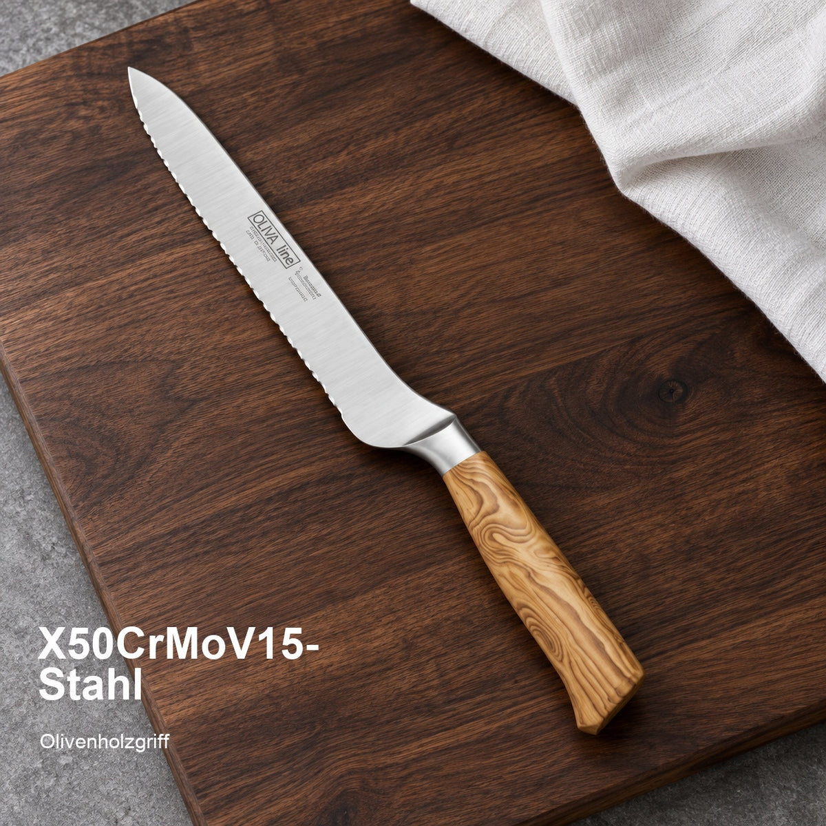 Brotmesser Oliva, gekröpft 20 cm – X50CrMoV15-Stahl; Olivenholzgriff. Vorhandenes Bild aus der Hero-Sektion mit Materialangabe.