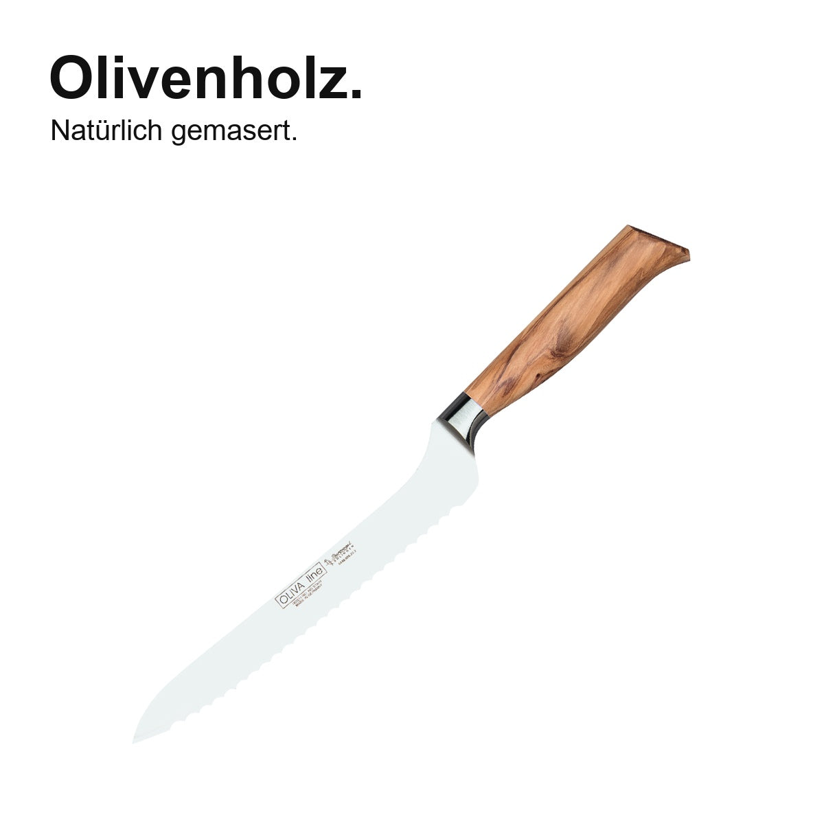 Brotmesser Oliva, gekröpft 20 cm – Olivenholz – natürlich gemasert; vollständiges Produktfoto.