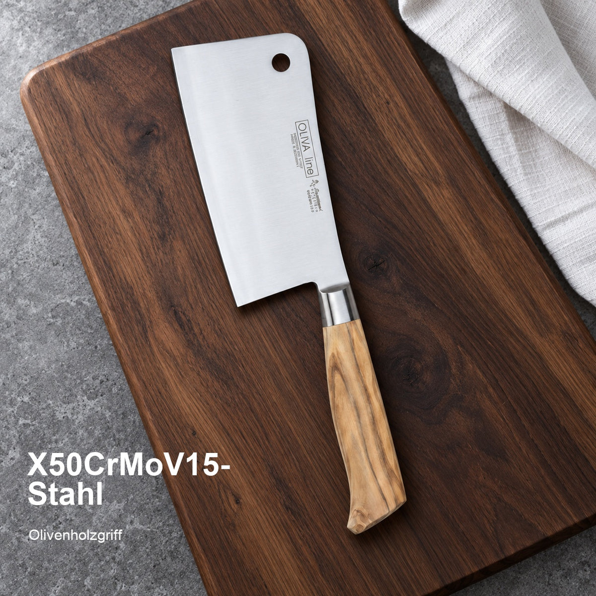 Hackmesser Oliva 15 cm – X50CrMoV15-Stahl; Olivenholzgriff. Vorhandenes Bild aus der Hero-Sektion mit Materialangabe.