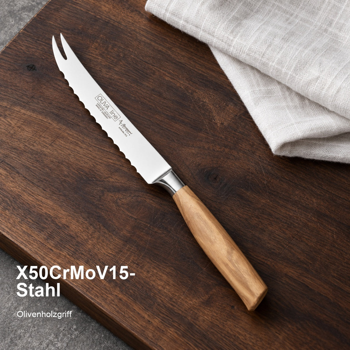 Tomatenmesser Oliva 13 cm – X50CrMoV15-Stahl; Olivenholzgriff. Vorhandenes Bild aus der Hero-Sektion mit Materialangabe.
