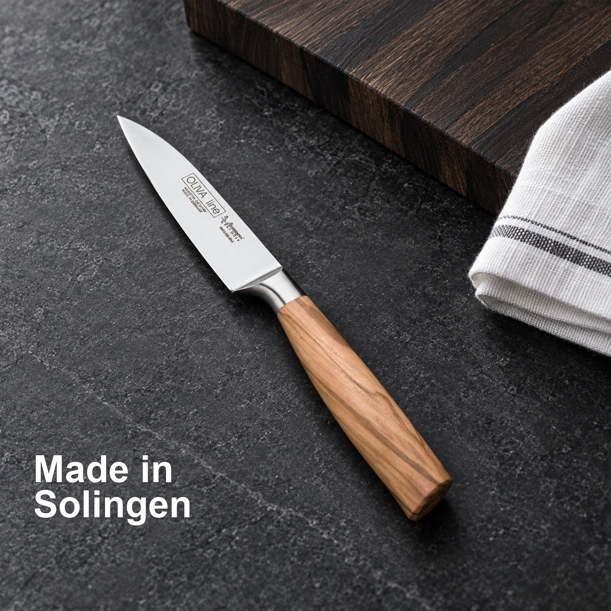 Küchenmesser Oliva 9 cm – Made in Solingen – vorhandenes Ambiente-Motiv.