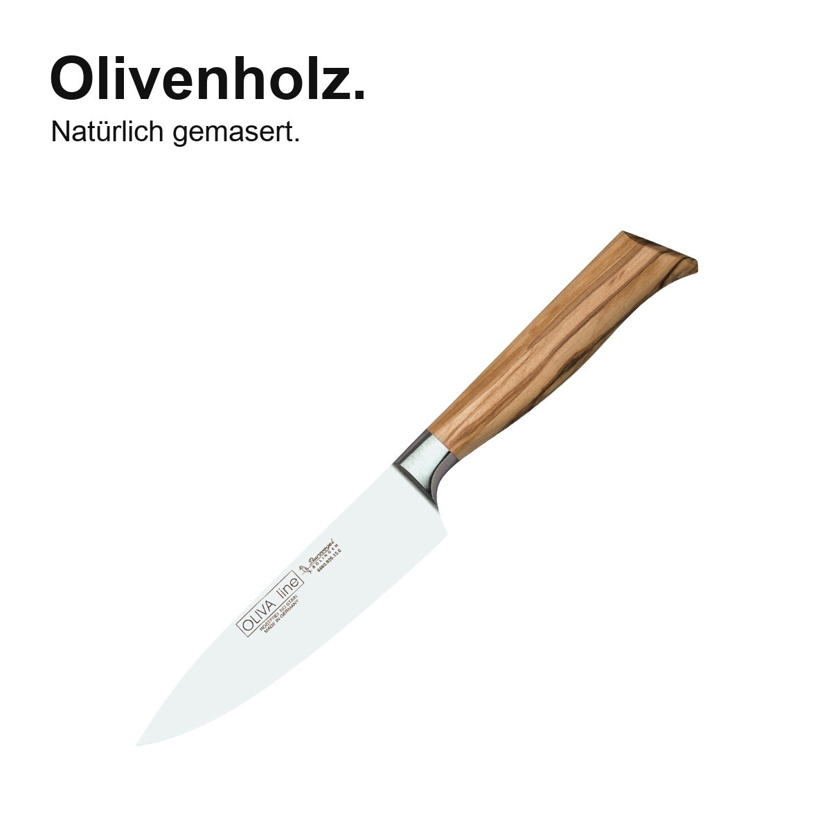 Kochmesser Oliva – Olivenholz – natürlich gemasert; vollständiges Produktfoto.