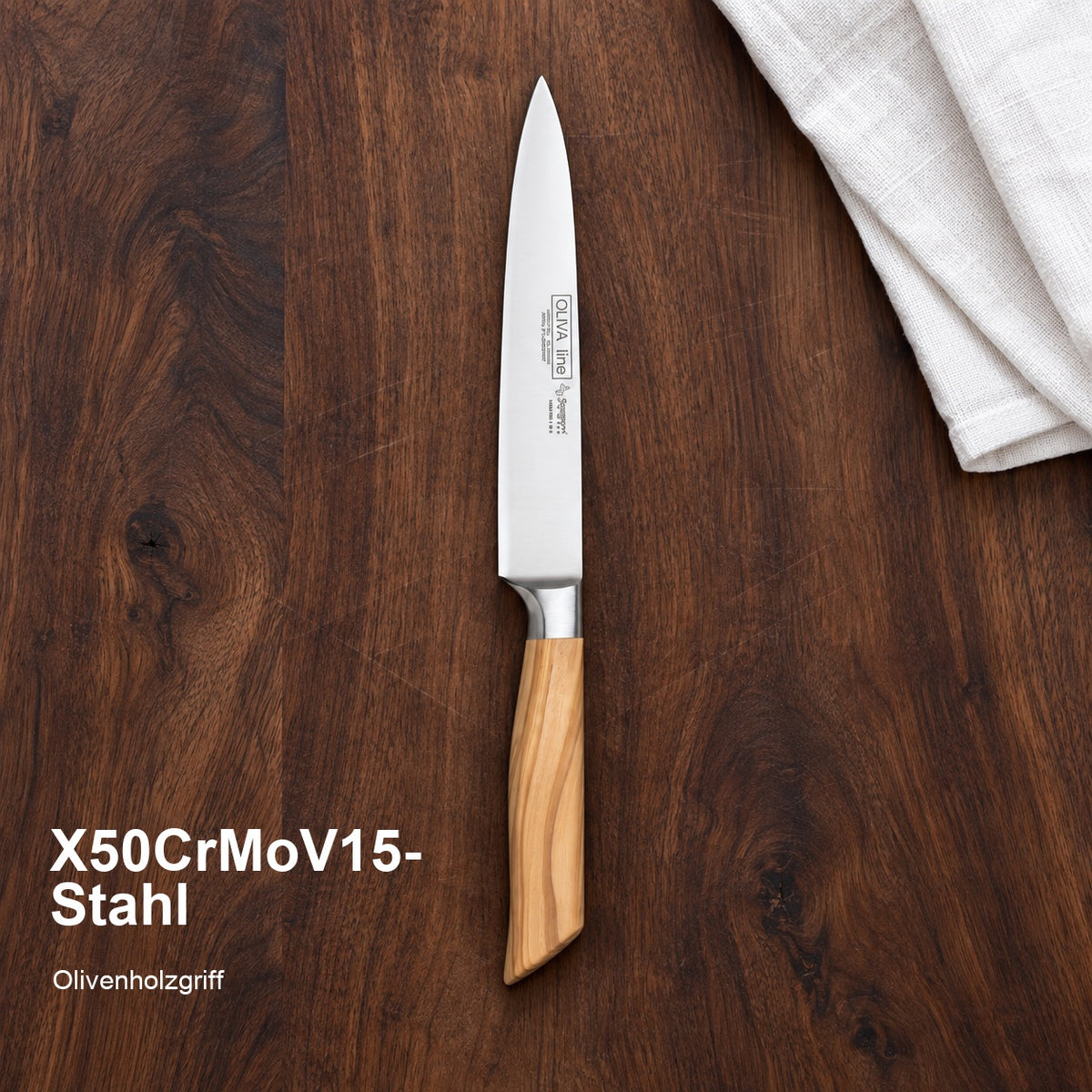 Schinkenmesser Oliva 18 cm – X50CrMoV15-Stahl; Olivenholzgriff. Vorhandenes Bild aus der Hero-Sektion mit Materialangabe.
