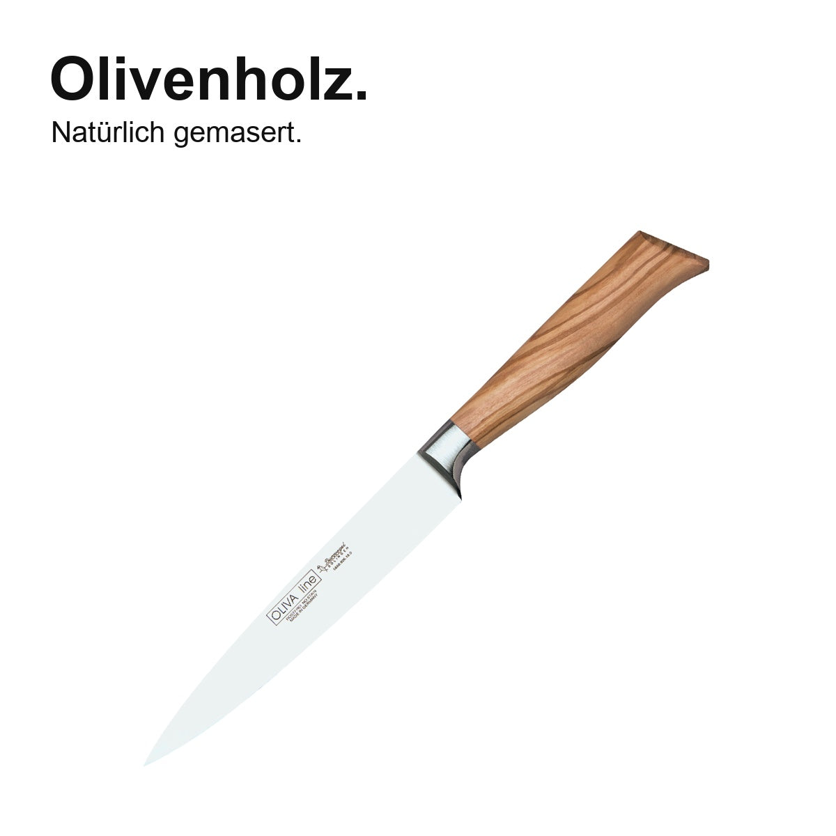 Schinkenmesser Oliva 18 cm – Olivenholz – natürlich gemasert; vollständiges Produktfoto.