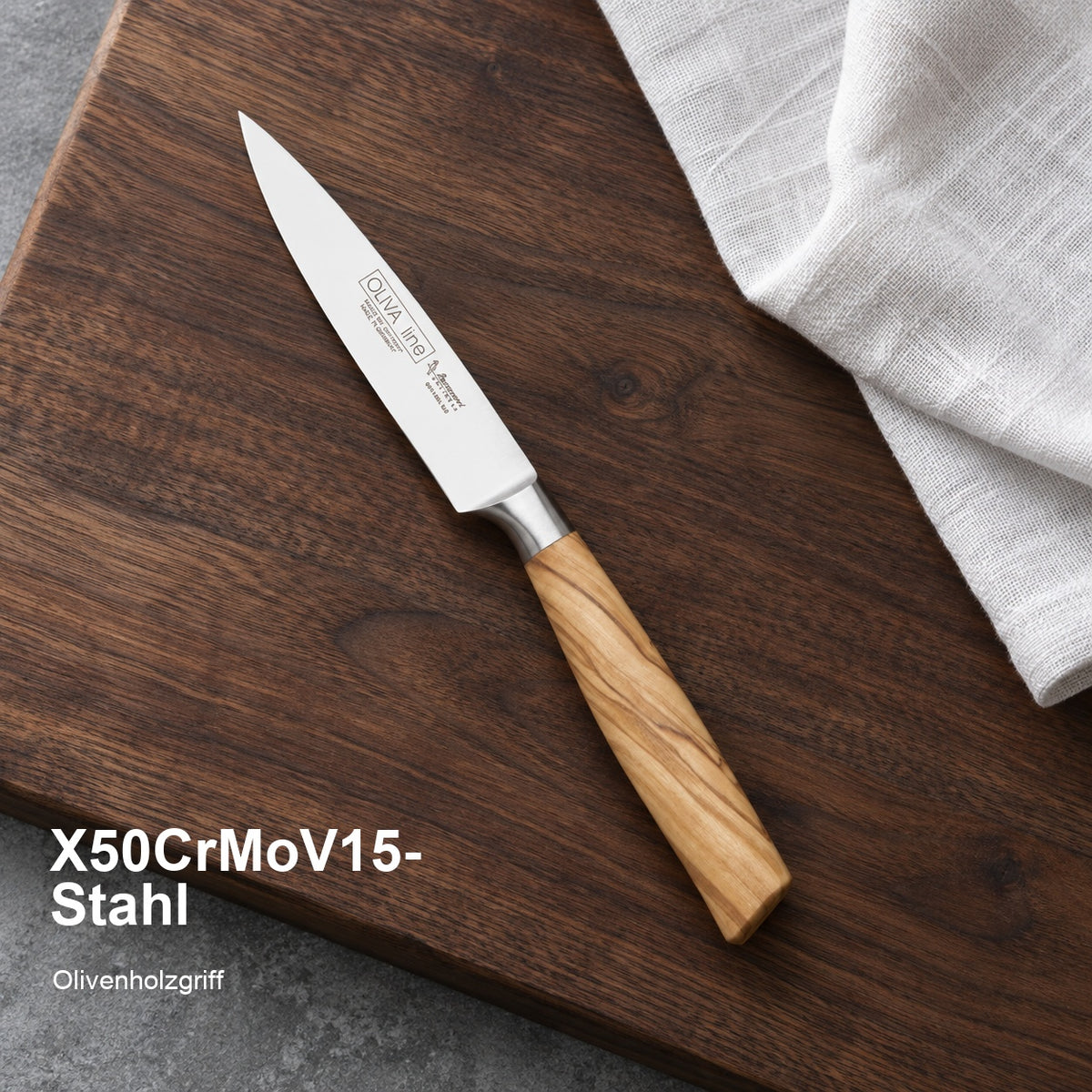 Spickmesser Oliva 10 cm – X50CrMoV15-Stahl; Olivenholzgriff. Vorhandenes Bild aus der Hero-Sektion mit Materialangabe.