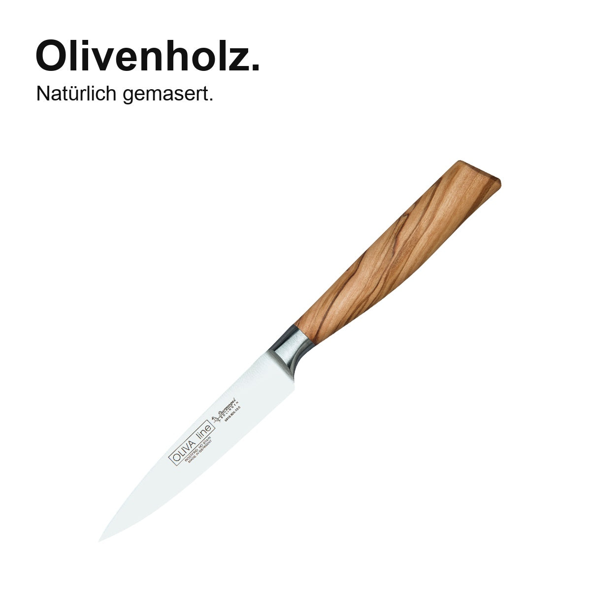Spickmesser Oliva 10 cm – Olivenholz – natürlich gemasert; vollständiges Produktfoto.