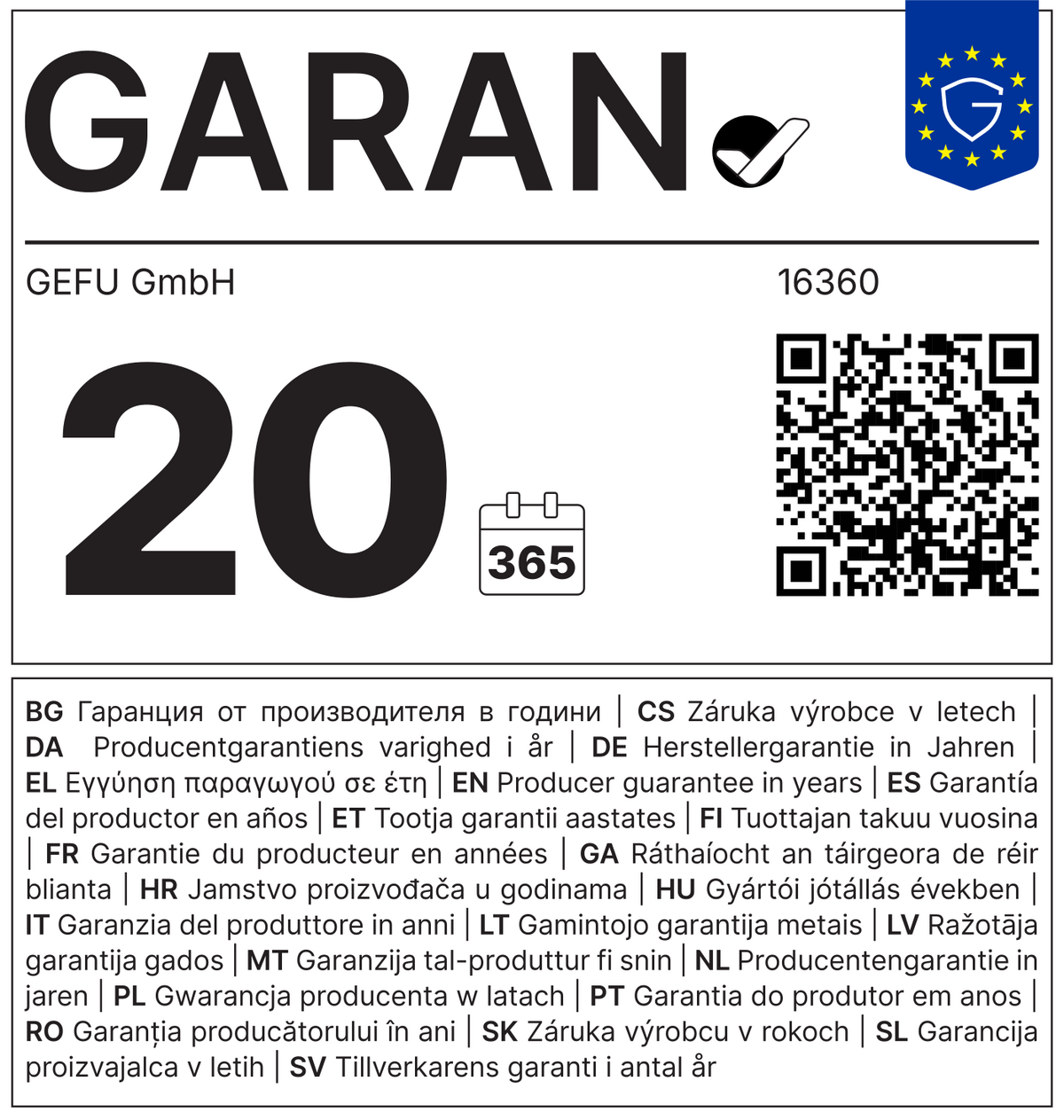 GARAN: GEFU GmbH, Artikel 16360, 20 Jahre Herstellergarantie