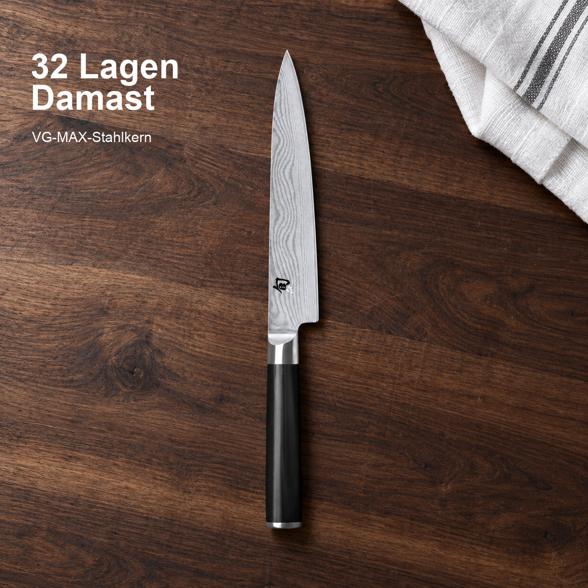 KAI Allzweckmesser Shun Classic – 32 Lagen Damast; VG-MAX-Stahlkern. Vorhandenes Hero-Bild mit Materialangabe.