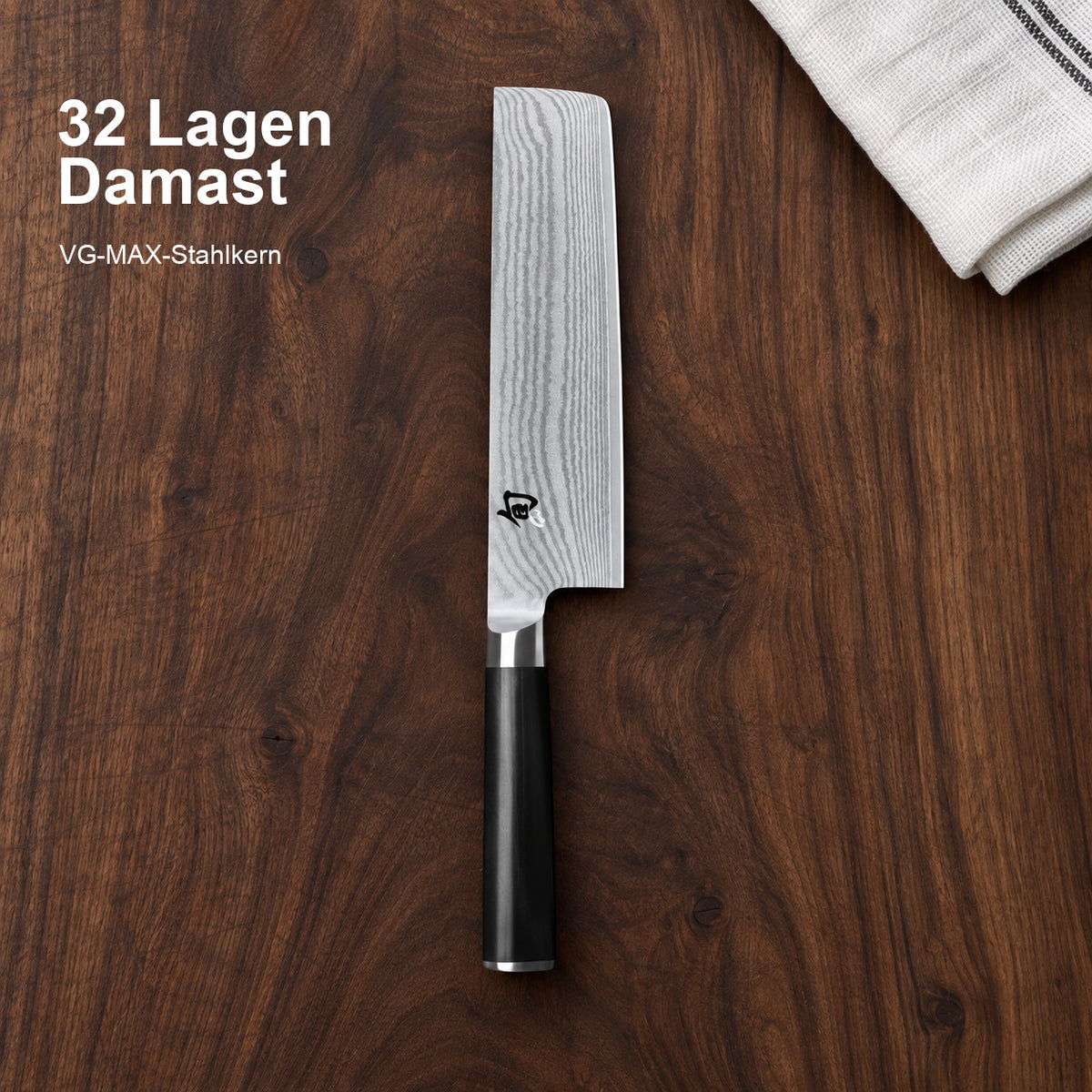 KAI Nakiri 16,5 cm – 32 Lagen Damast; VG-MAX-Stahlkern. Vorhandenes Hero-Bild mit Materialangabe.