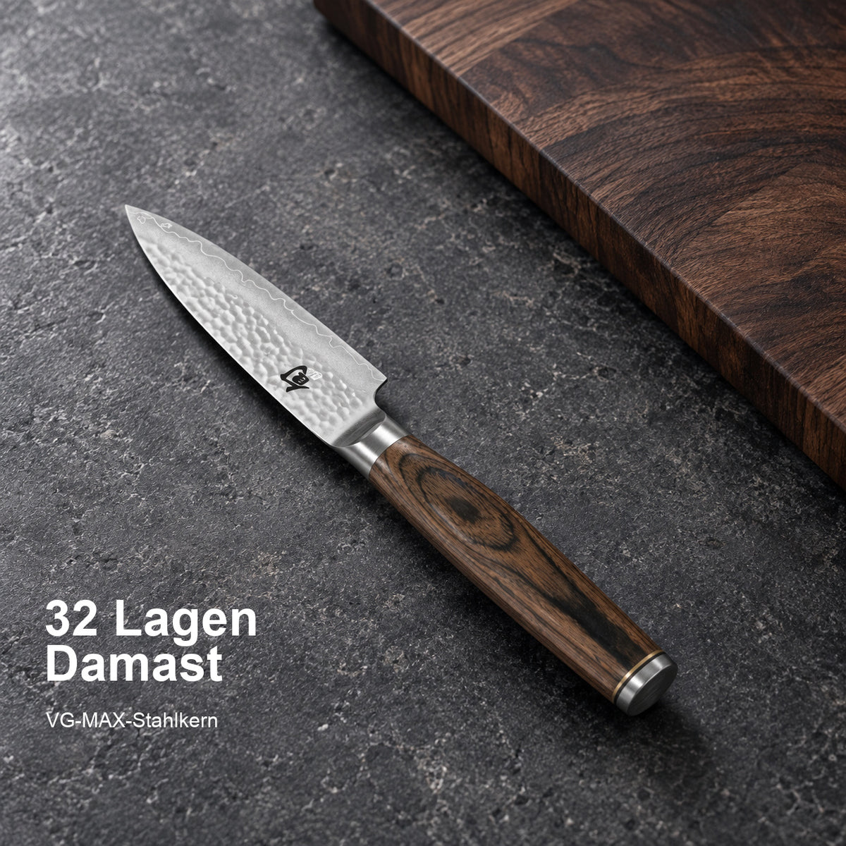 KAI Officemesser Shun Premier 10 cm – 32 Lagen Damast; VG-MAX-Stahlkern. Vorhandenes Hero-Bild mit Materialangabe.