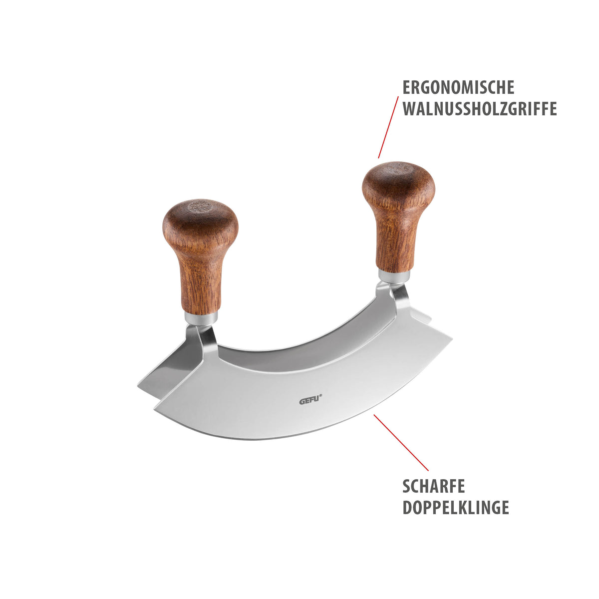 Wiegemesser mit Schneidebrett YUMA – Hersteller-Originalbild. Anwendungs- und Serienmotive können Lebensmittel, Dekoration oder separat erhältliches Zubehör zeigen; maßgeblich ist der beschriebene Lieferumfang.
