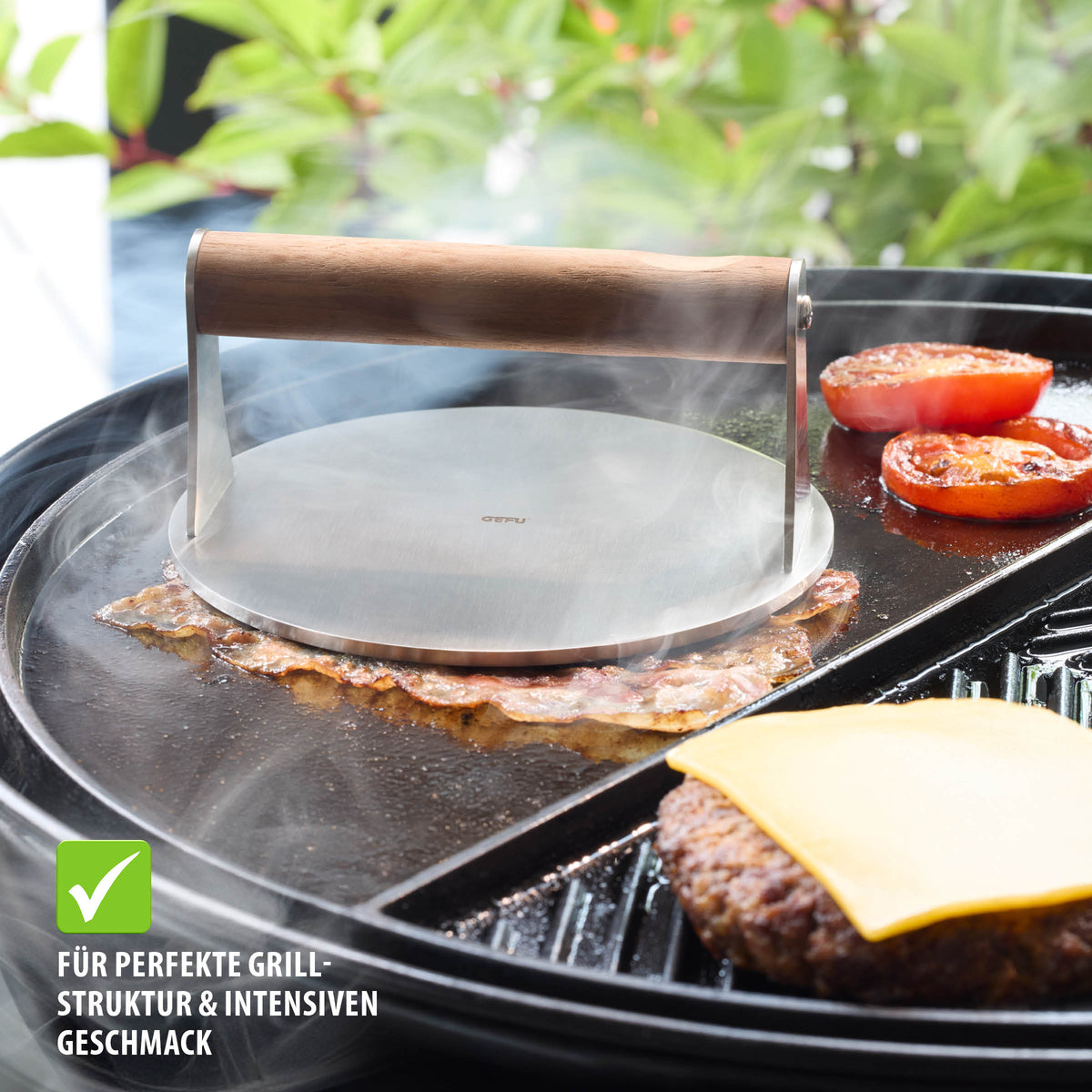 Smash-Burgerpresse BBQ – Hersteller-Originalbild. Anwendungs- und Serienmotive können Lebensmittel, Dekoration oder separat erhältliches Zubehör zeigen; maßgeblich ist der beschriebene Lieferumfang.