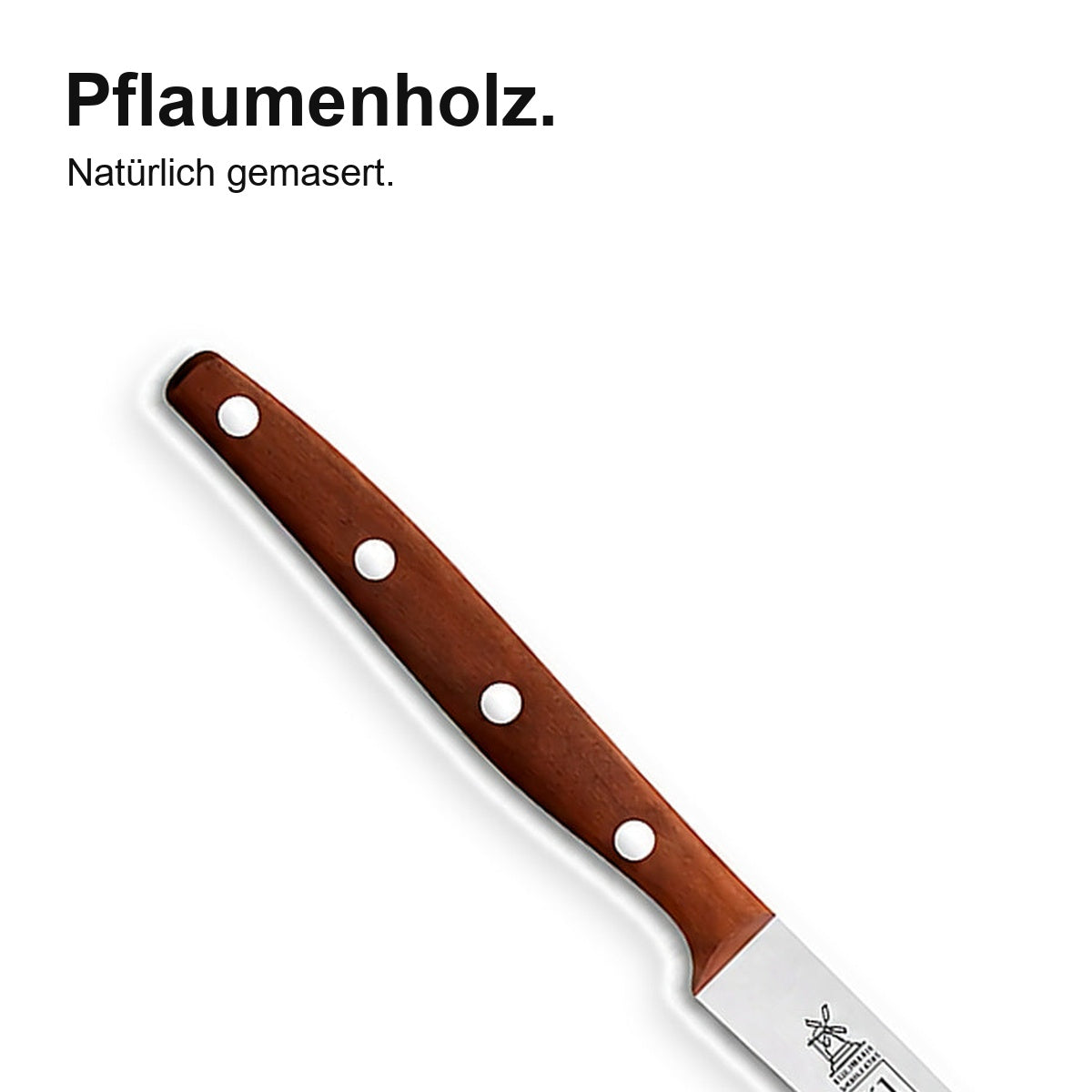 Küchenmesser K1 9 cm – Pflaumenholzgriff in Nahaufnahme.