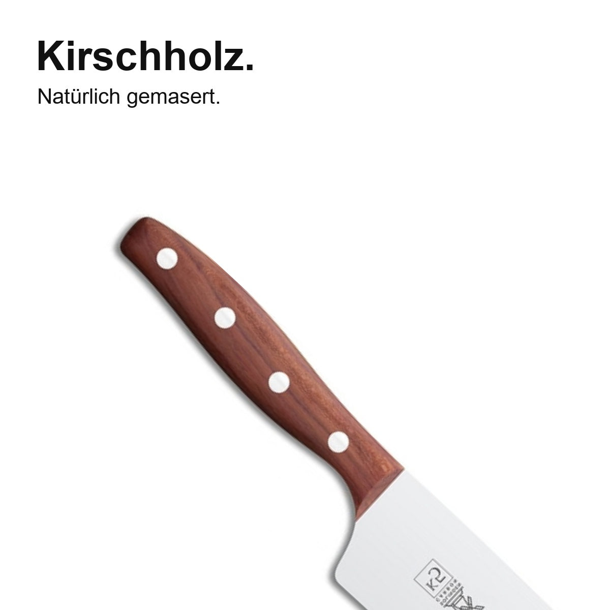 Santoku Kirsche 16,5 cm – Kirschholzgriff in Nahaufnahme.