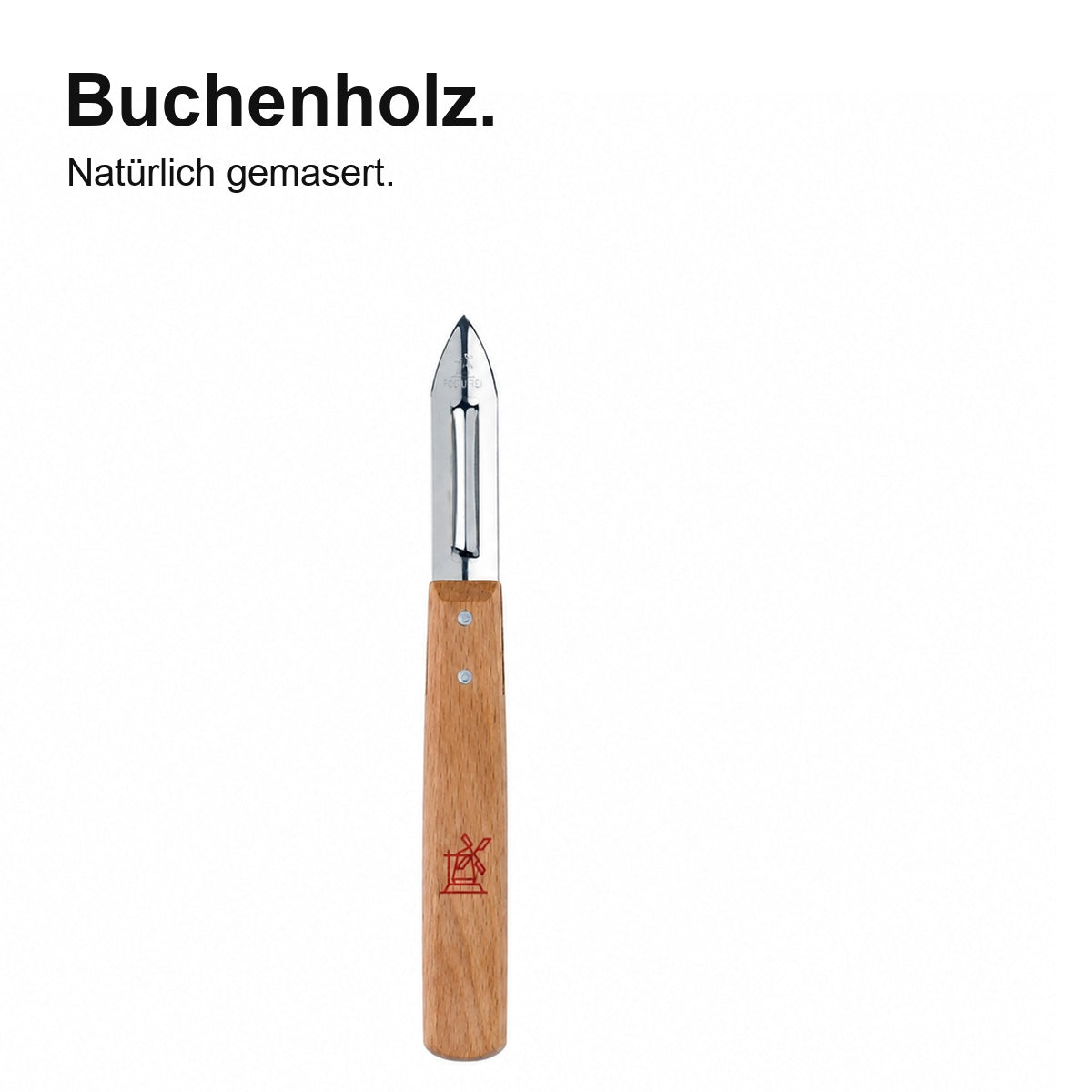 Sparschäler mit Buchenholzgriff – Buchenholzgriff in Nahaufnahme.