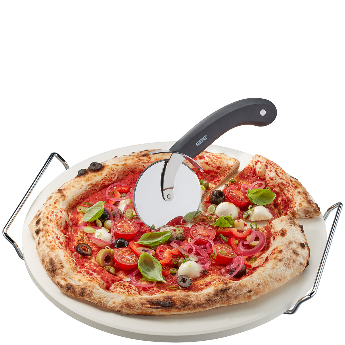 Pizzastein mit Gestell + Pizzaschneider DARIOSO