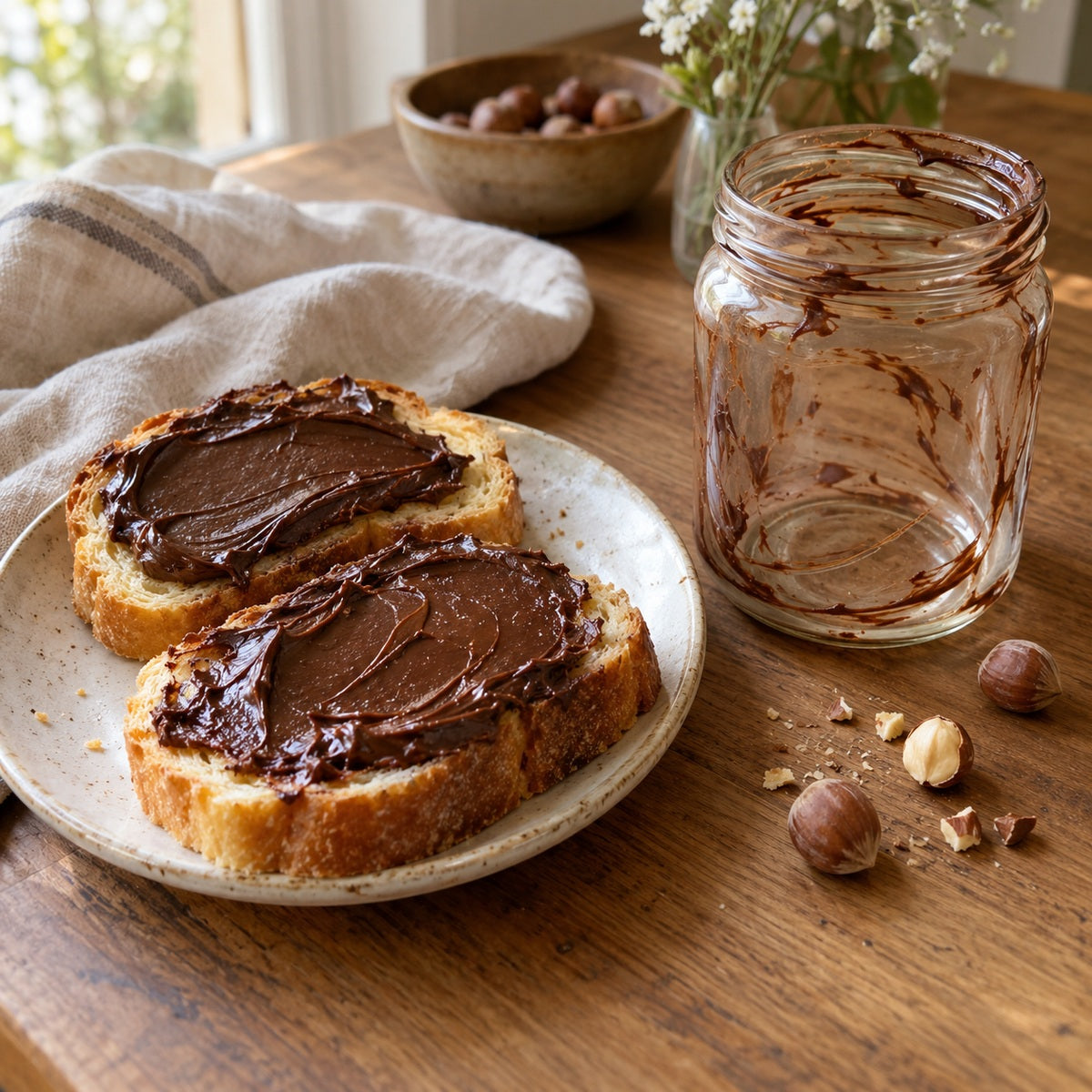 Schokoladencreme verwerten – bestrichene Brioche und ausgeschabtes Glas