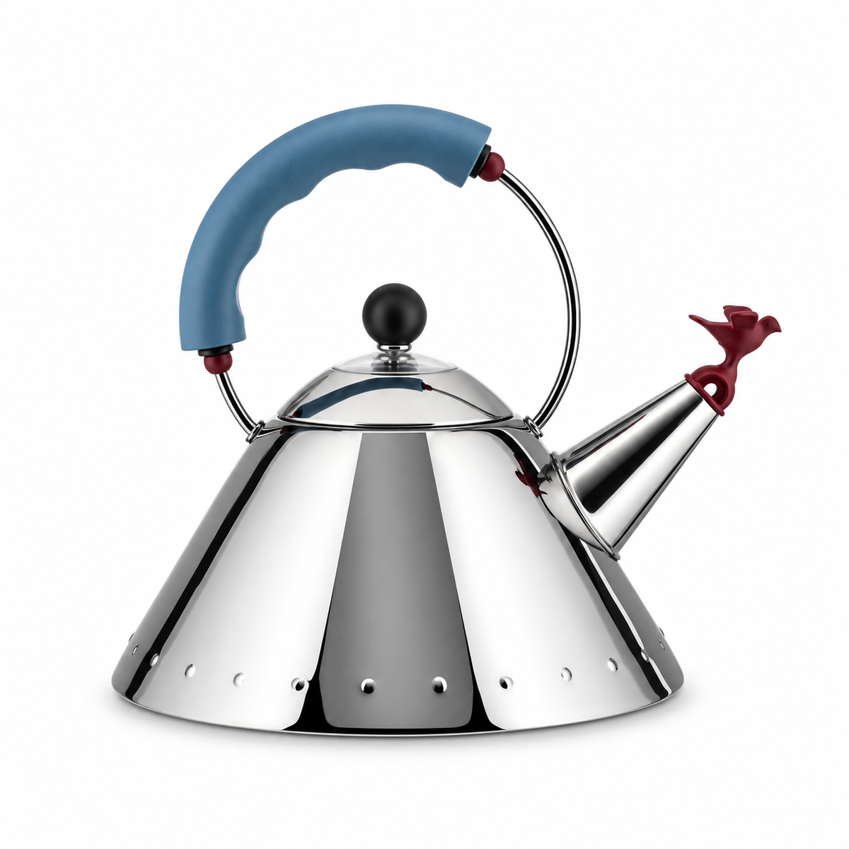 Alessi Wasserkessel 9093 mit blauem Griff auf weißem Hintergrund