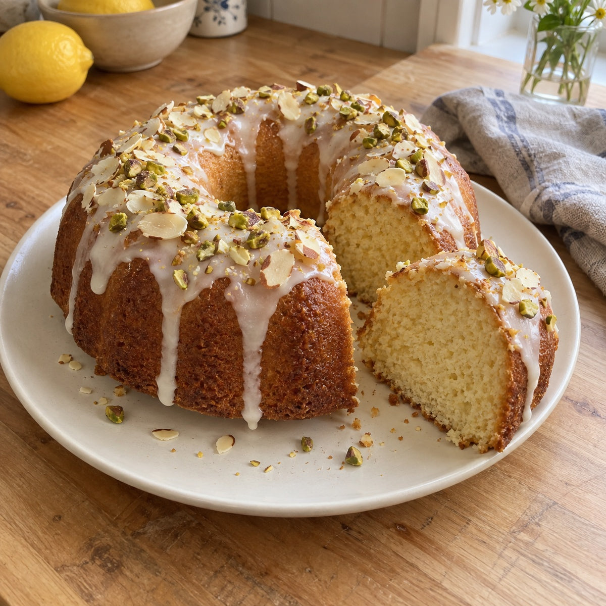 Ausgekühlter glasierter Kuchen, angeschnitten und servierbereit – Ergebnisbeispiel.