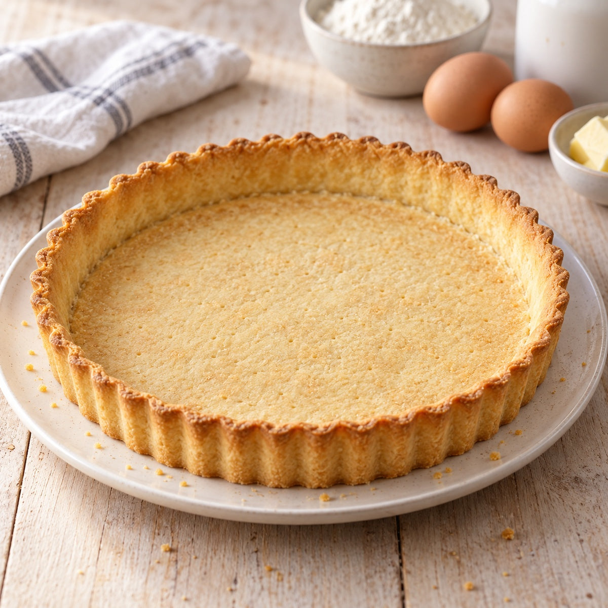 Blindgebackener goldbrauner Tarteboden mit flachem Boden – Ergebnisbeispiel.