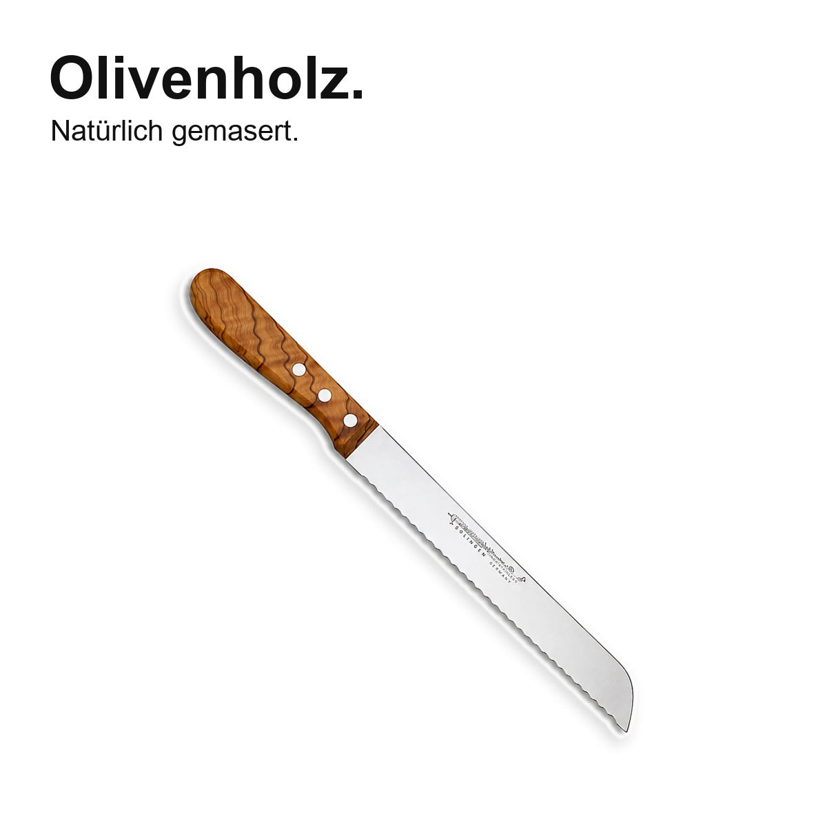 Brotmesser Olivenholz 20 cm – Olivenholz – natürlich gemasert; vollständiges Produktfoto.