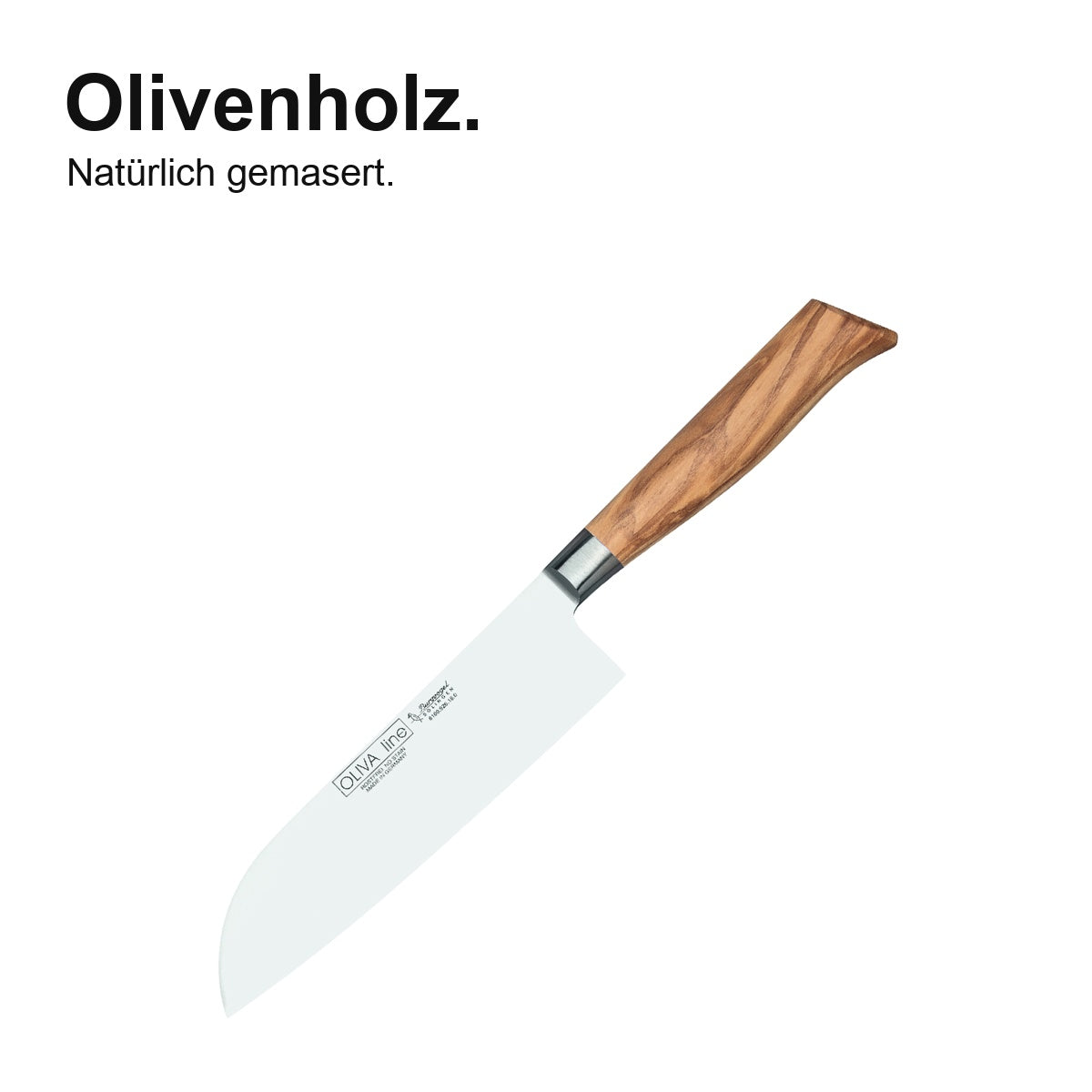 Santoku Oliva – Olivenholz – natürlich gemasert; vollständiges Produktfoto.