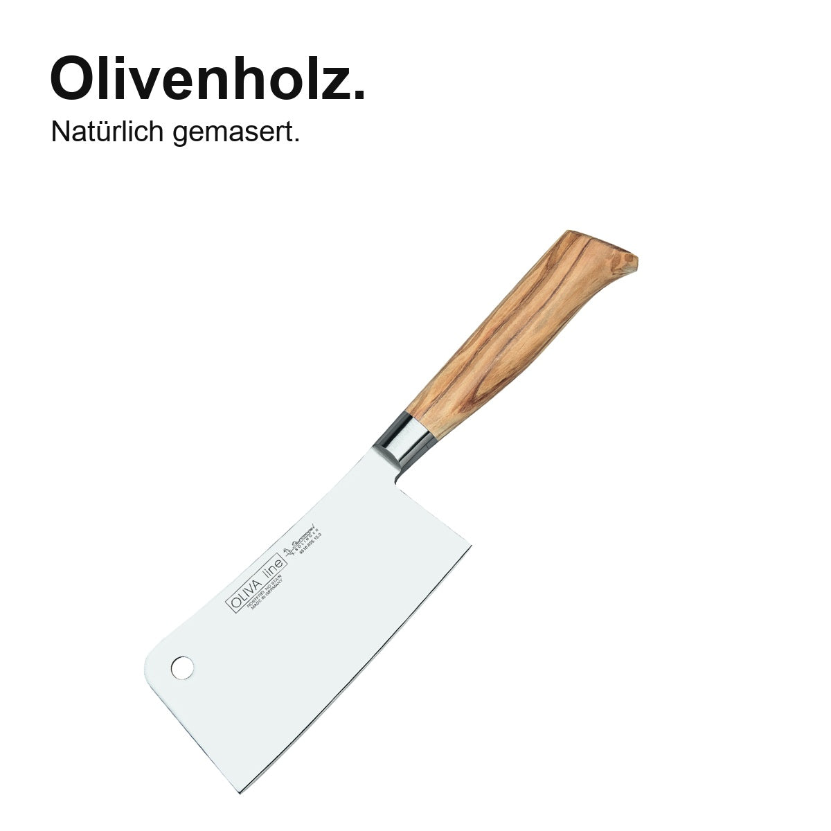 Hackmesser Oliva 15 cm – Olivenholz – natürlich gemasert; vollständiges Produktfoto.
