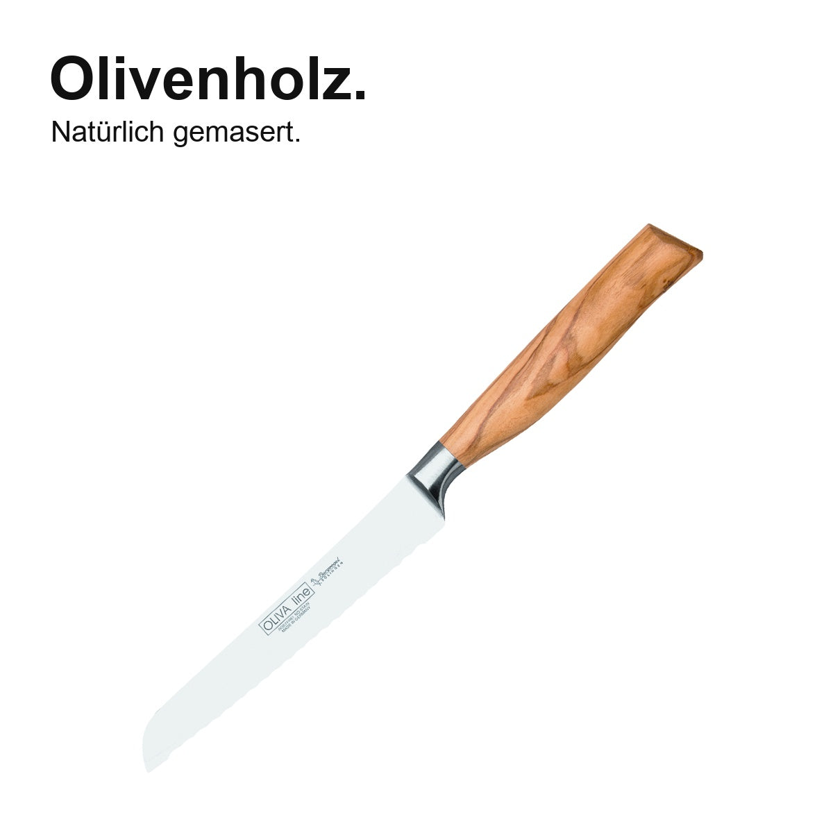 Brötchenmesser Oliva 13 cm – Olivenholz – natürlich gemasert; vollständiges Produktfoto.