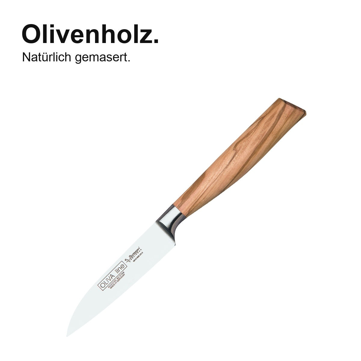 Küchenmesser Oliva 9 cm – Olivenholz – natürlich gemasert; vollständiges Produktfoto.