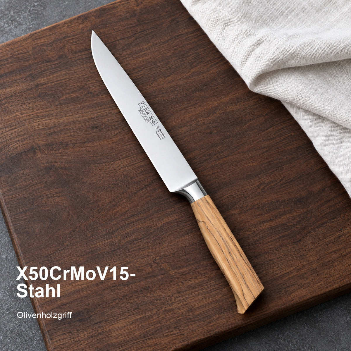 Fleischmesser Oliva 18 cm – X50CrMoV15-Stahl; Olivenholzgriff. Vorhandenes Bild aus der Hero-Sektion mit Materialangabe.