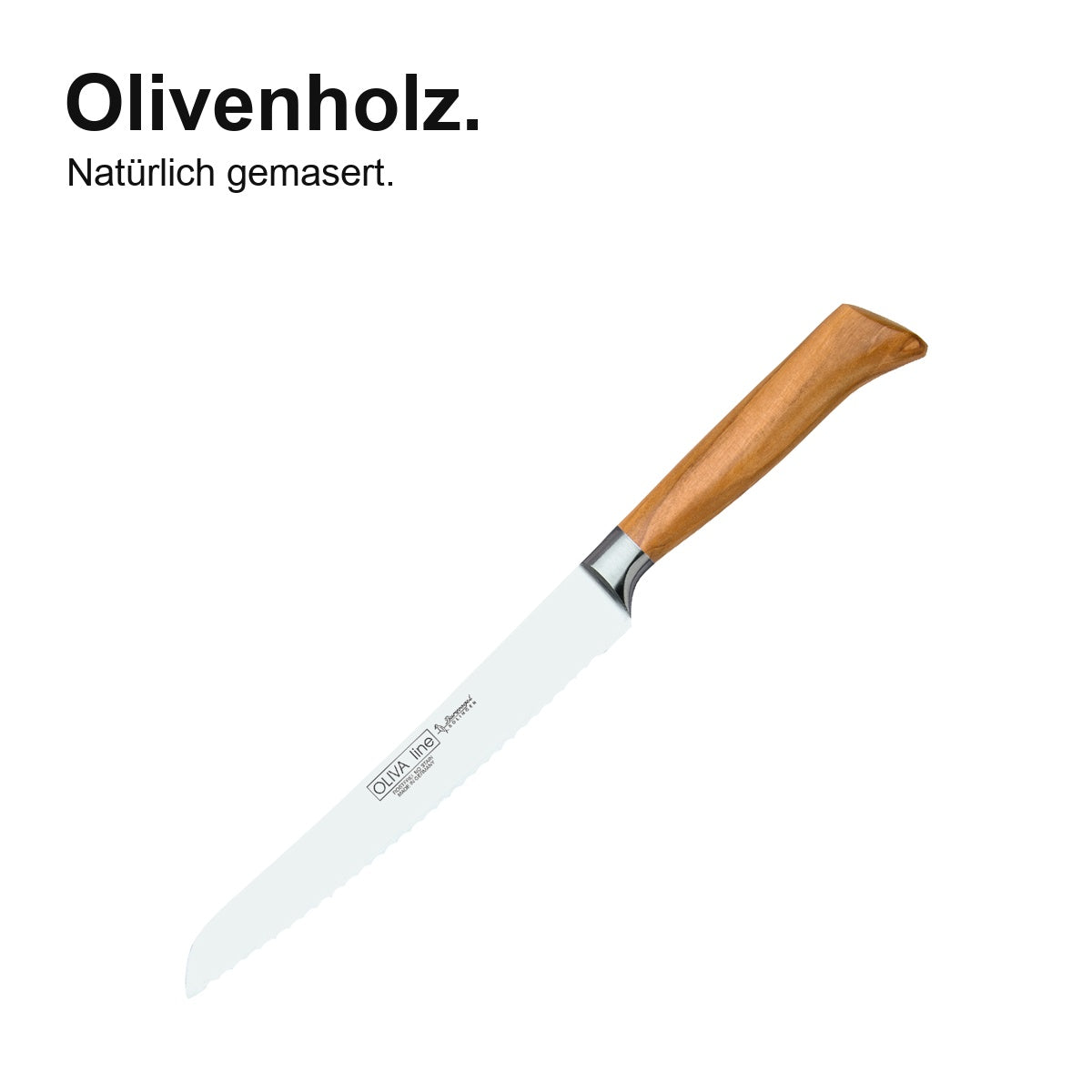 Brotmesser Oliva 23 cm – Olivenholz – natürlich gemasert; vollständiges Produktfoto.