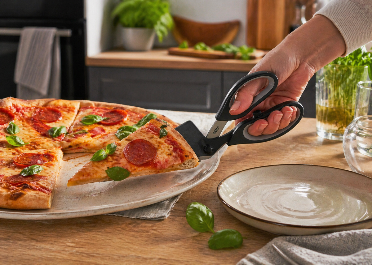 Pizza teilen und direkt anheben.