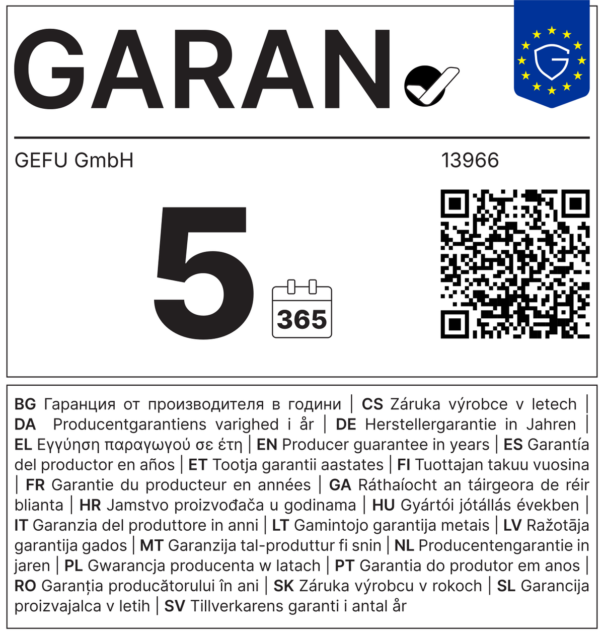 GARAN: GEFU GmbH, Artikel 13966, 5 Jahre Herstellergarantie
