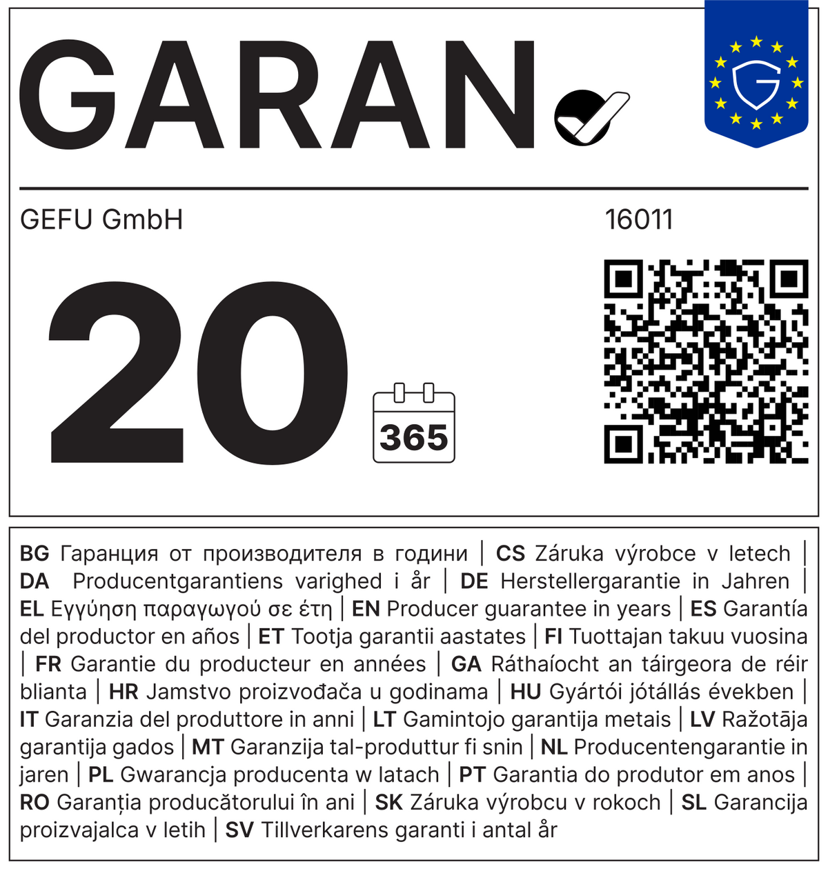 GARAN: GEFU GmbH, Artikel 16011, 20 Jahre Herstellergarantie