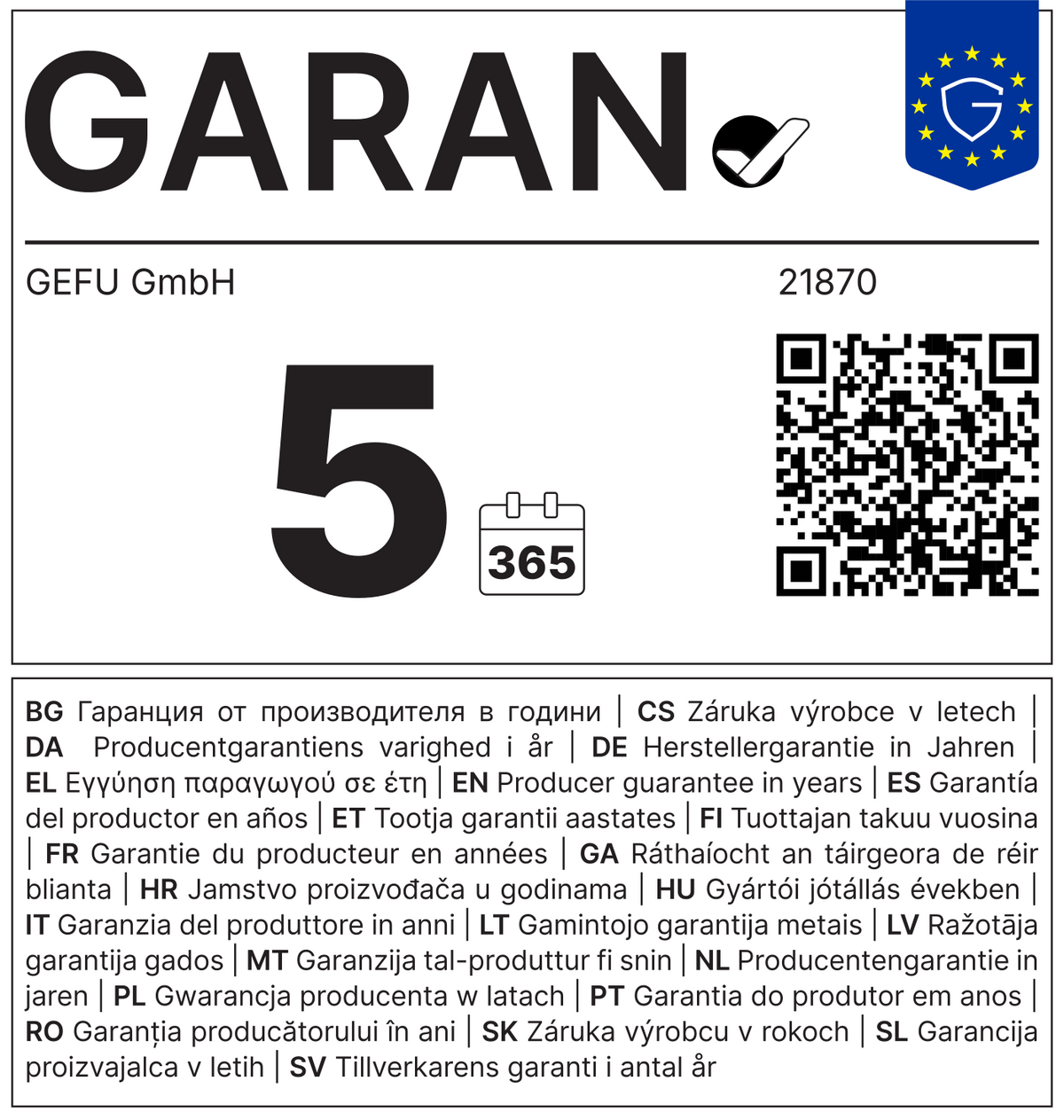 GARAN: GEFU GmbH, Artikel 21870, 5 Jahre Herstellergarantie