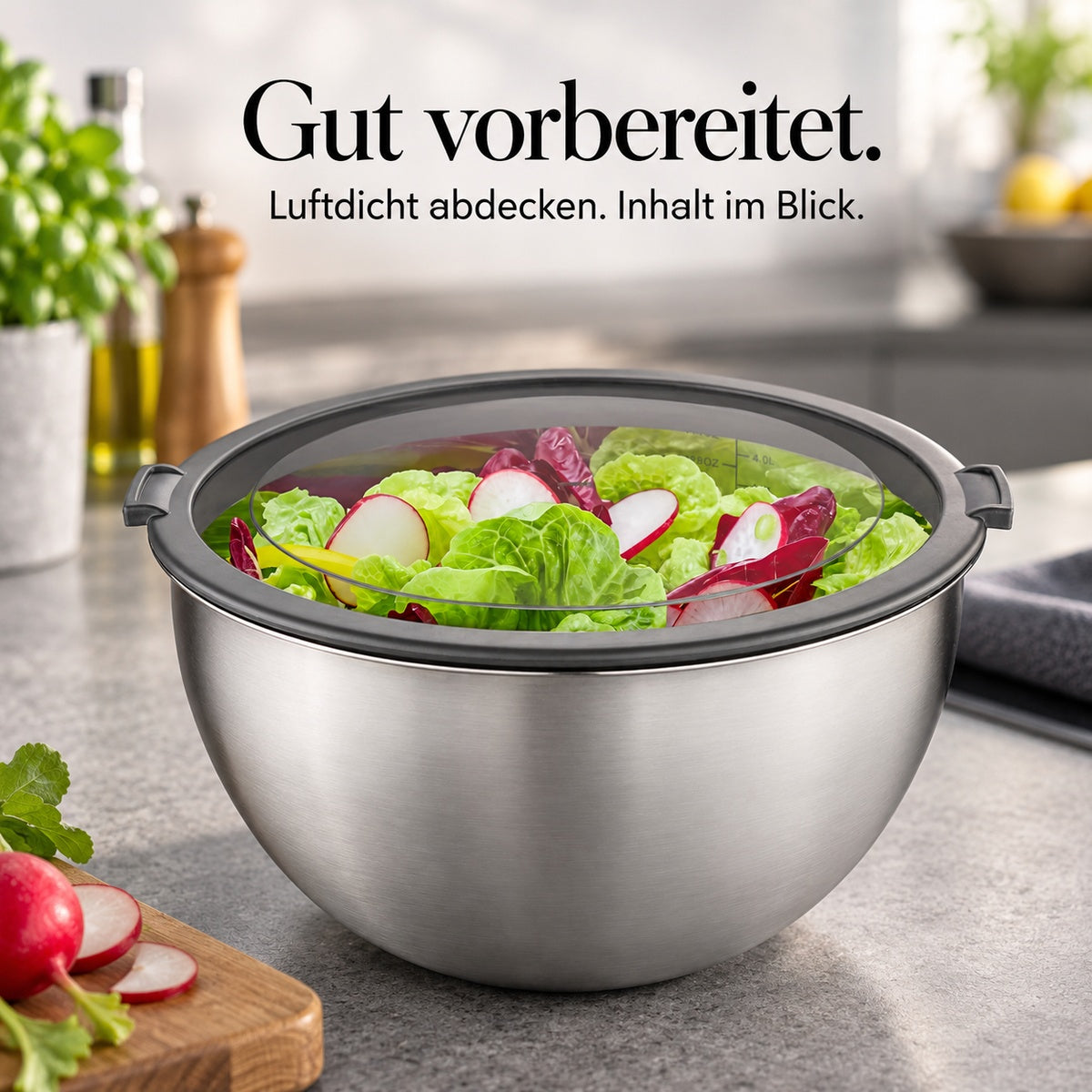 GEFU MONDI – transparenter Aufbewahrungsdeckel mit dunklem Rand und zwei Laschen. Luftdicht abdecken, Inhalt im Blick.