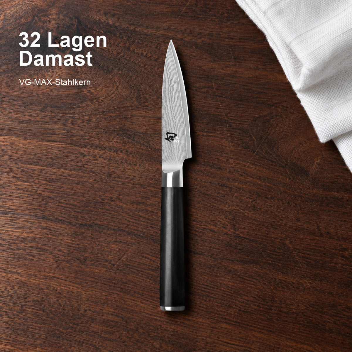 KAI Officemesser Shun Classic 9 cm – 32 Lagen Damast; VG-MAX-Stahlkern. Vorhandenes Hero-Bild mit Materialangabe.
