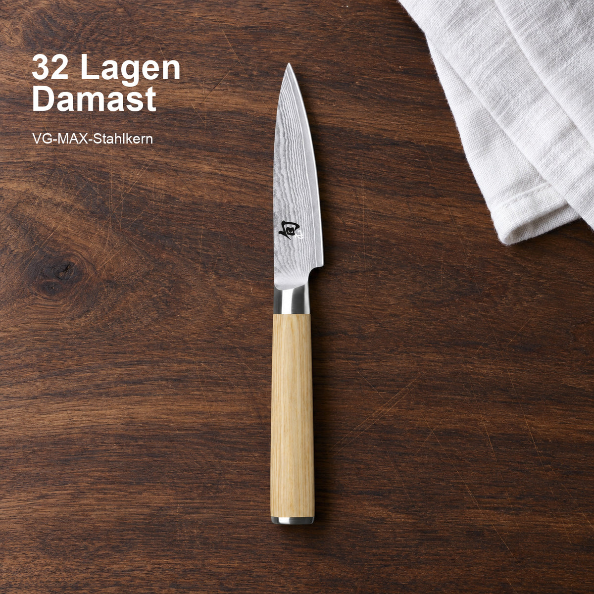 KAI Officemesser Shun Classic White 9 cm – 32 Lagen Damast; VG-MAX-Stahlkern. Vorhandenes Hero-Bild mit Materialangabe.