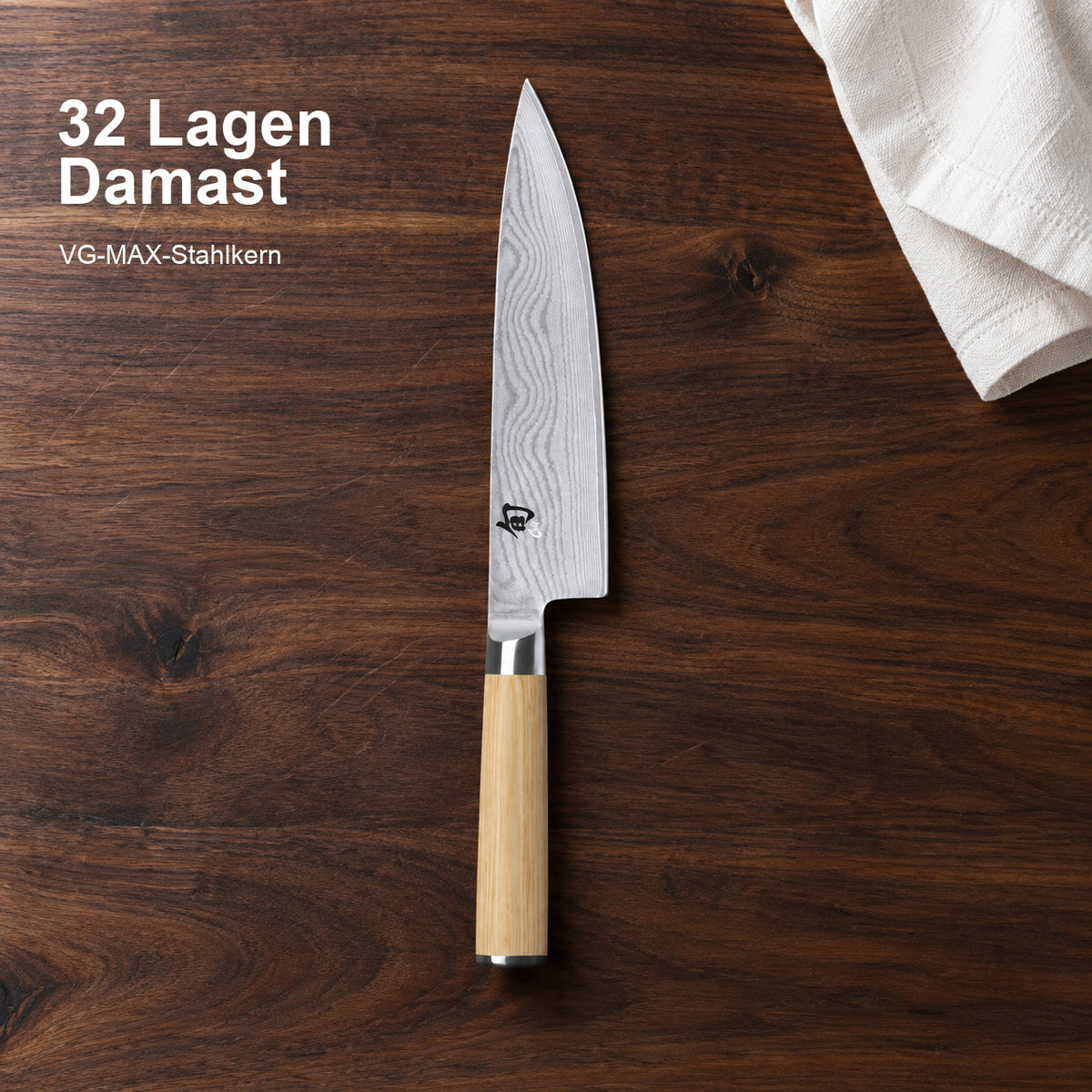 KAI Kochmesser Shun Classic White 20 cm – 32 Lagen Damast; VG-MAX-Stahlkern. Vorhandenes Hero-Bild mit Materialangabe.