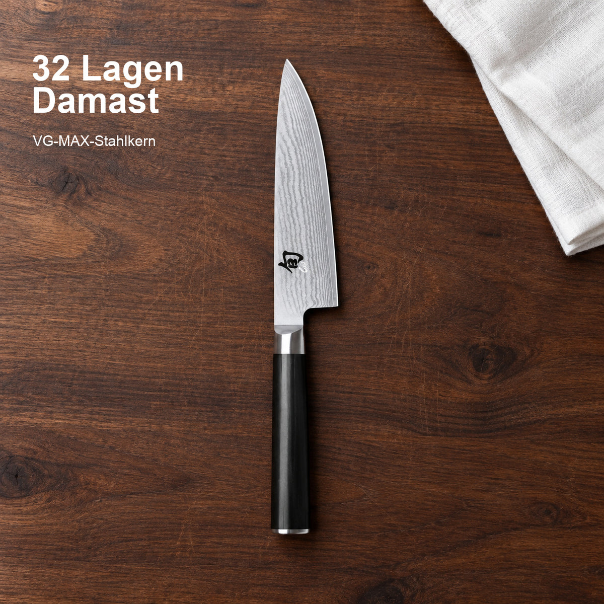 KAI Kochmesser Shun Classic – 32 Lagen Damast; VG-MAX-Stahlkern. Vorhandenes Hero-Bild mit Materialangabe.