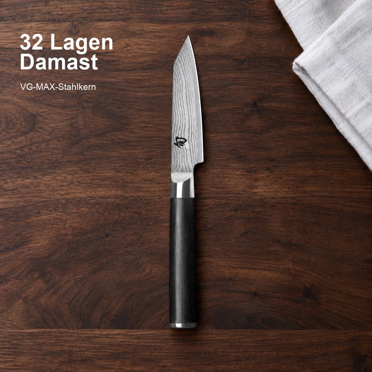 KAI Kiritsuke Shun Classic 9 cm – 32 Lagen Damast; VG-MAX-Stahlkern. Vorhandenes Hero-Bild mit Materialangabe.