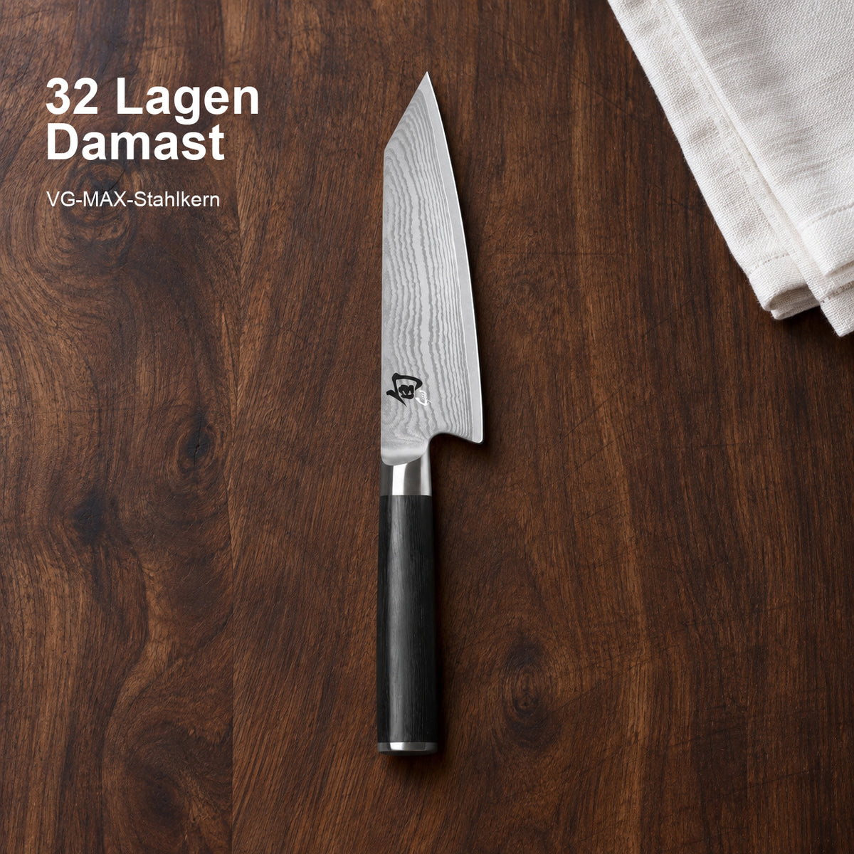 KAI Kiritsuke Shun Classic – 32 Lagen Damast; VG-MAX-Stahlkern. Vorhandenes Hero-Bild mit Materialangabe.