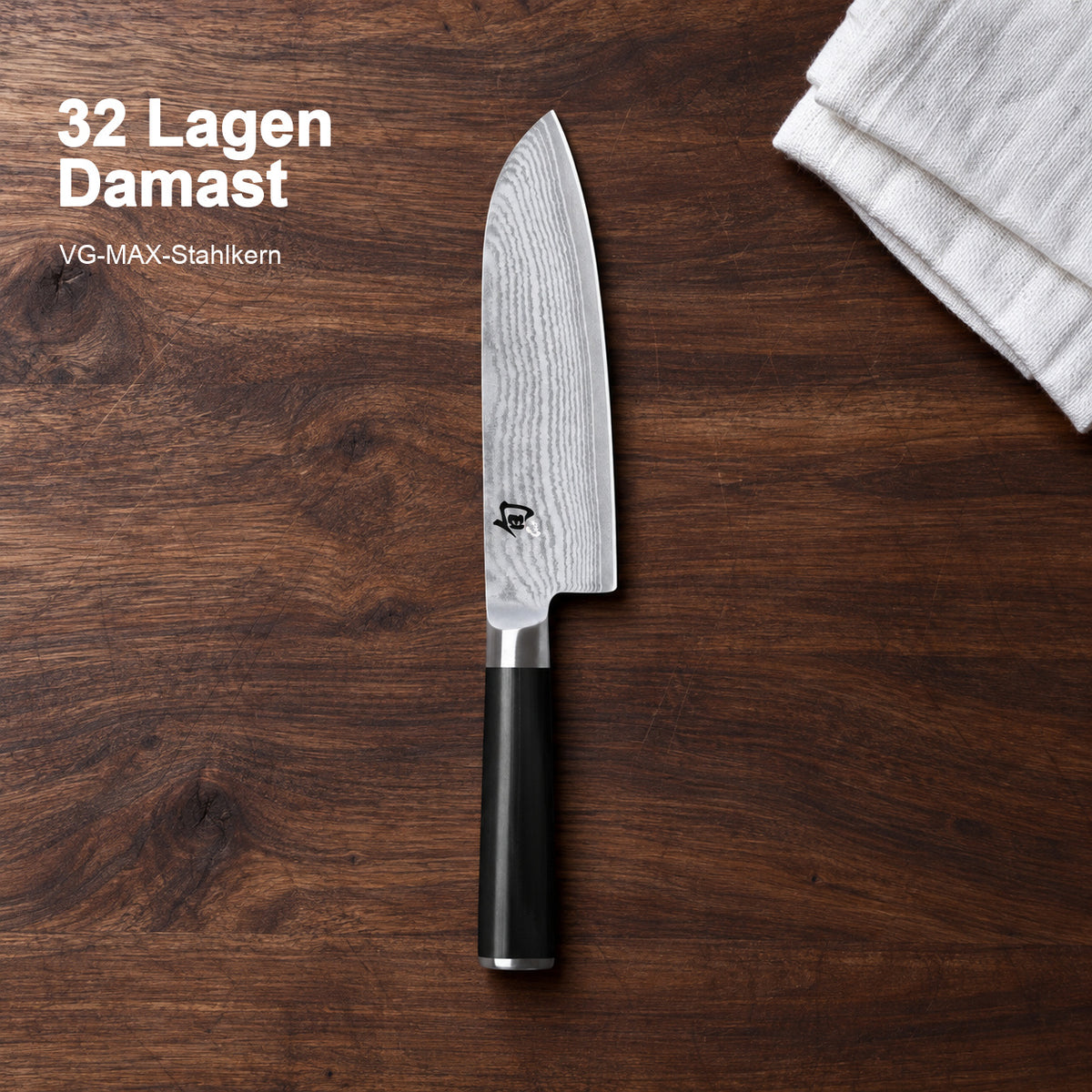 KAI Santoku Shun Classic – 32 Lagen Damast; VG-MAX-Stahlkern. Hero-Bild mit Materialangabe.
