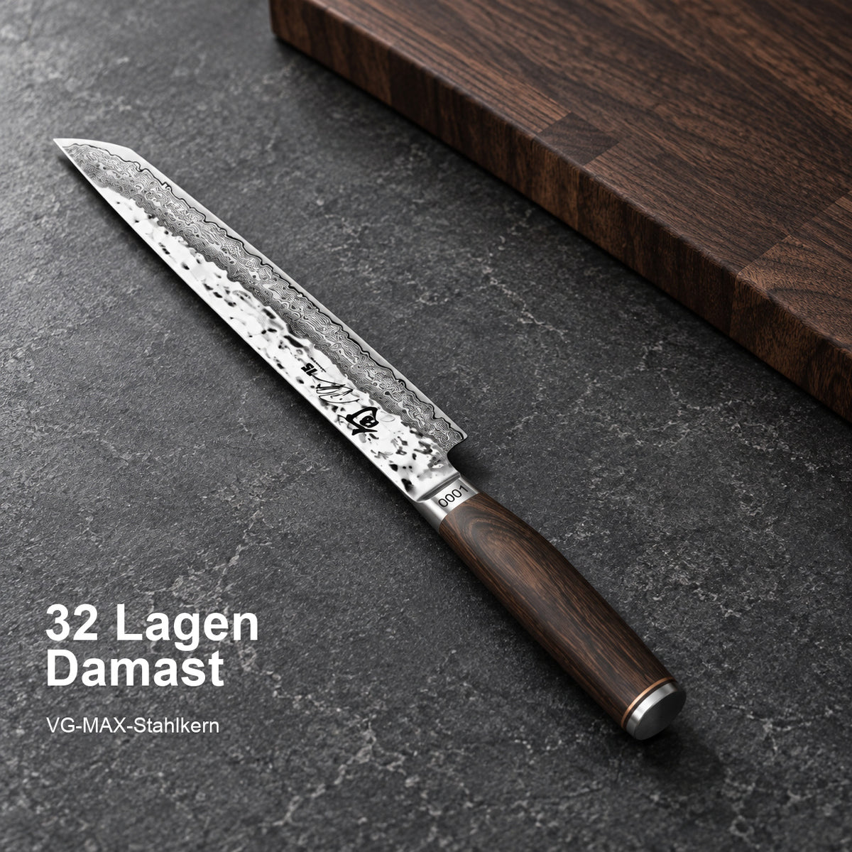 KAI Tantō Shun Premier 25,5 cm – 32 Lagen Damast; VG-MAX-Stahlkern. Vorhandenes Hero-Bild mit Materialangabe.