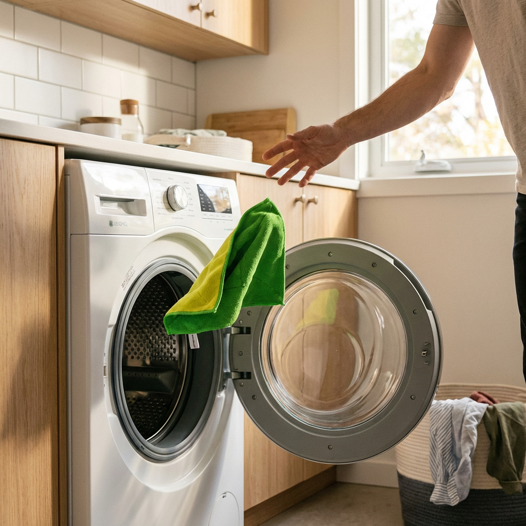 Eine Person legt ein grünes Handtuch in eine Frontlader-Waschmaschine in einem modernen Waschraum.