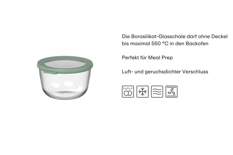 Frischhaltedose Cirqula Glas, rund – Hersteller-Originalbild. Anwendungs- und Serienmotive können Lebensmittel, Dekoration oder separat erhältliches Zubehör zeigen; maßgeblich ist der beschriebene Lieferumfang.